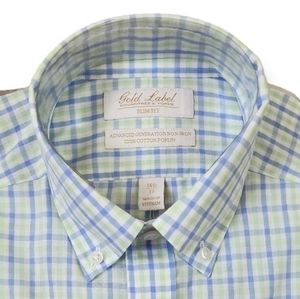 Gold Label Slim Fit Poplin Fitted L/S Dress Shirt 14.5 33 Blue Green